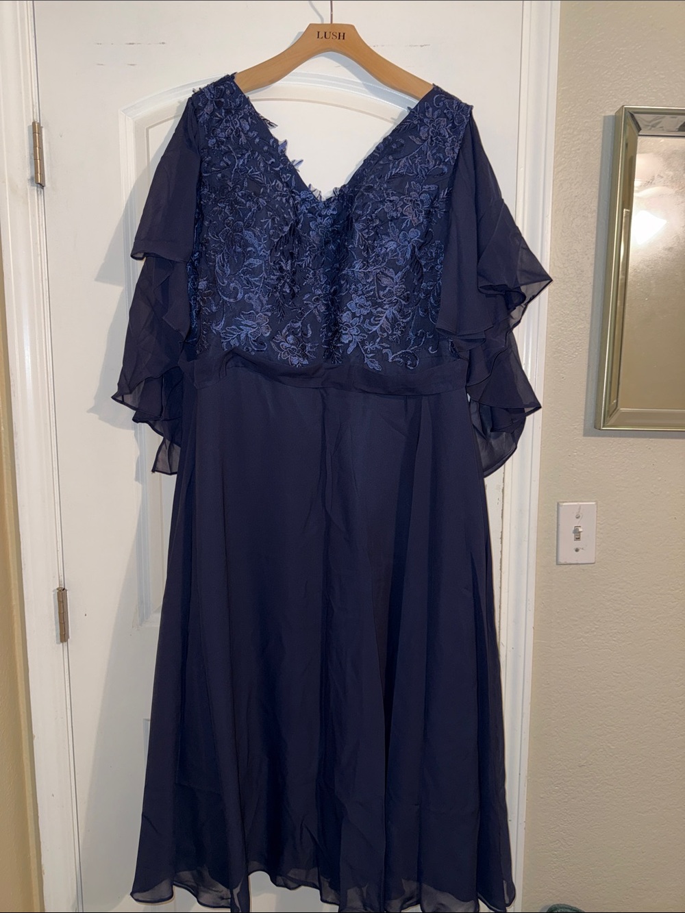 LUSH Navy Floral Embroidered V-Neck Midi Dress
